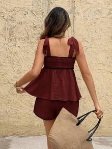 SHEIN Frenchy 2pcs Women Casual Knotted Shoulder Top And Shorts Set,Vacation Outfits Women - Burgundy - View 2