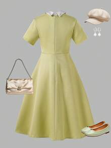 SHEIN Chân váy maxi dáng chữ A kiểu Pháp, cổ áo đính kim cương, chất liệu vải dệt jacquard, cạp cao ôm sát thanh lịch, thời trang và duyên dáng cho các cô gái tuổi teen mùa hè. - Hồng - Xem 2