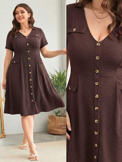 SHEIN Clasi Đầm nữ cỡ lớn cổ chữ V tay ngắn cài nút kiểu dáng thường ngày