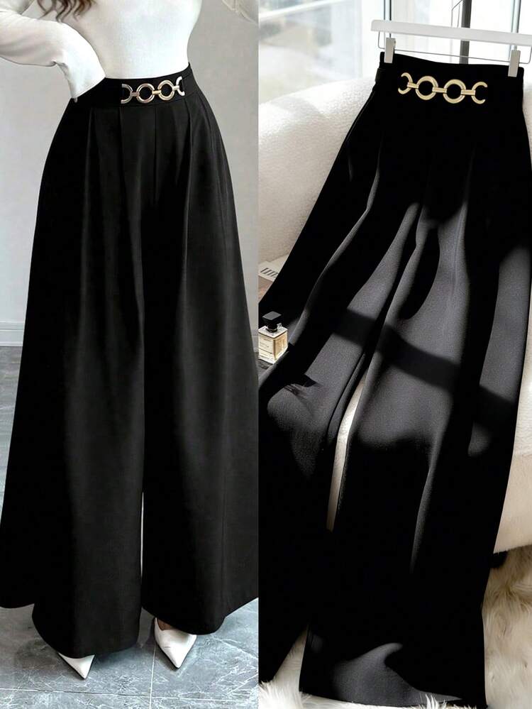 SHEIN Elenzya Novas Calças Elegantes Casuais de Cintura Alta com Zíper Lateral, Decoração de Botão e Perna Flare para Mulheres, Primavera/Outono - Preto - Visão 1