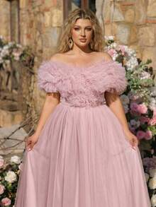 Glamrae 大码优雅浪漫奢华粉色露肩3D立体花卉袖修身蓬松长裙，适合晚宴、单身派对、约会、舞会、度假、婚礼等场合。 - 藕粉色 - 查看 9