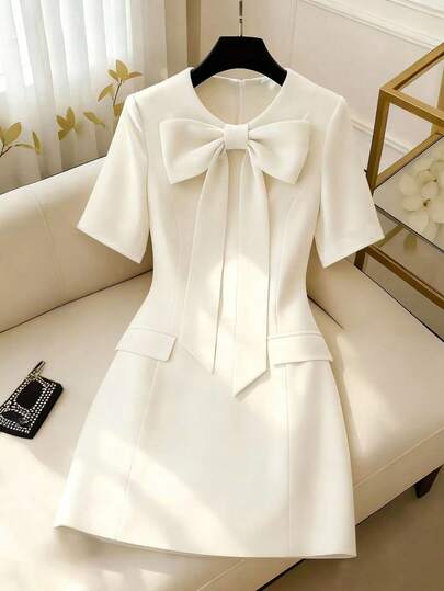 GlowEve Ivory White Round Neck Big Bow Tie Waist A-Line Dress With Fake Pocket Flap Decor, Elegant & Sophisticated, Suitable For Birthday Gift, Date, Party, Work, Professional Attire, Teacher Outfit, Student Style, Sweet Vibe, Travel & Vacation, Spring/Summer New Arrival, Short Sleeve A-Line Mini Dress