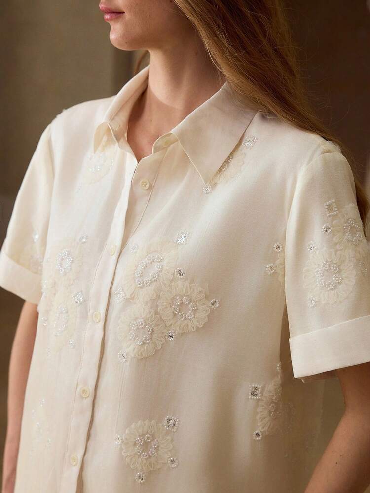 SPRING/SUMMER NEW BEADED EMBROIDERY PATCHWORK SHORT SLEEVE FOLD-OVER FASHIONABLE SHIRT, ELEGANT OFFICE LADY STYLE