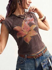 Bohemela Women's Casual Solid Color Knit Short Sleeve Fitted Washed T-Shirt,Summer Top - Coffee Brown - View 4