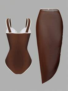 Swim Oasis Plus Size Solid Color One-Piece U-Neck Waist Ruched Matching Long Mesh Skirt Resort Set, Mature And Elegant - Multicolor - View 2