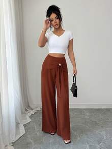 SHEIN Elenzya 优雅日常交叉金属装饰阔腿女士西装裤 - 棕色 - 查看 8