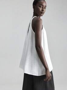 Ontre Women's White Linen Tank Top,Effortless Chic Elegant Vacation Summmer Round Neck Hollow Out Sleeveless Music Festival Concert Beach Bohemian Outfit - White - View 3