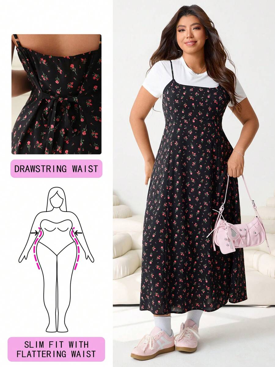 Solflare 2026春夏新款休闲日常穿着派对约会生日音乐节返校通勤度假情人节多场合连衣裙，吊带高腰露背黑色底红色碎花中长连衣裙，大码 - 彩色 - 查看 1