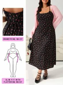 Solflare 2026春夏新款休闲日常穿着派对约会生日音乐节返校通勤度假情人节多场合连衣裙，吊带高腰露背黑色底红色碎花中长连衣裙，大码 - 彩色 - 查看 6