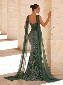 Glamrae 优雅奢华亮片水钻装饰仿珍珠吊带美人鱼连衣裙，配有可拆卸颈带，适合婚礼、派对、度假、晚宴、正式场合（装饰繁复） - 綠色 - 查看 4