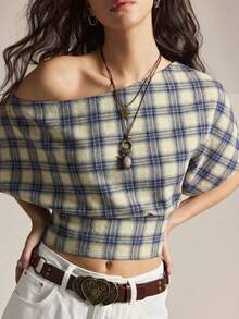 2026 Blusa casual holgada de manga de murciélago a cuadros para mujer, blusa asimétrica de hombro a cuadros, blusas de manga corta retro en múltiples colores - Multicolor - Ver 6