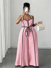 Maweii Plus Size Sexy Off-The-Shoulder Bow Jumpsuit - Pink - View 1