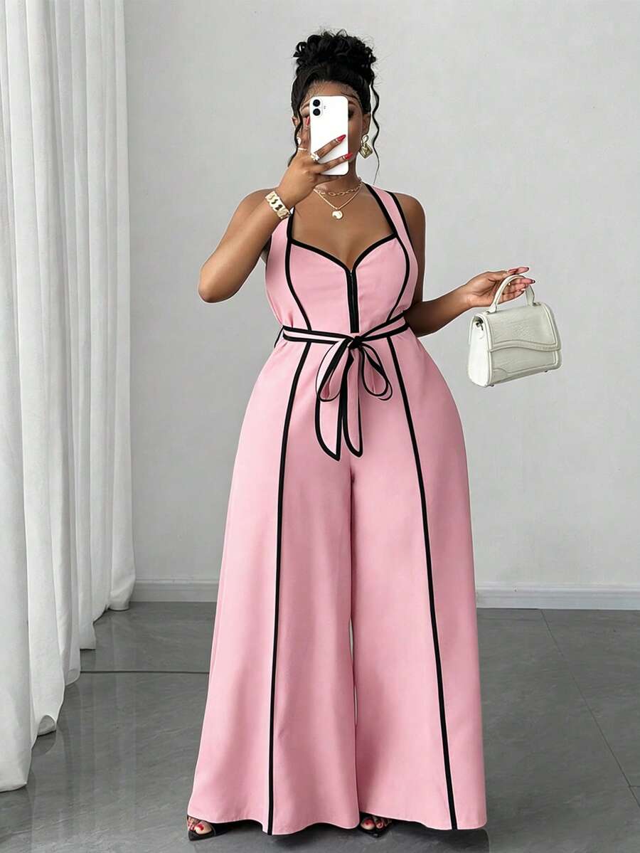 Maweii Plus Size Sexy Off-The-Shoulder Bow Jumpsuit - Pink - View 1