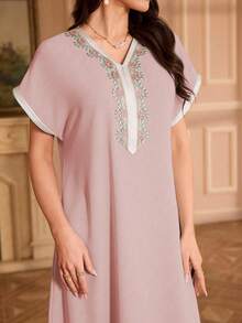 Al Najma Đầm dự tiệc/nghỉ lễ cổ chữ V đính ren dành cho nữ - Hồng - Xem 1