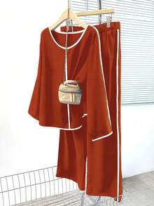 EMERY ROSE Plus Size Women 2 Pieces Set, Contrast Color Round Neck Long Sleeve Top And Pants, Casual Daily Wear - Orange - View 1