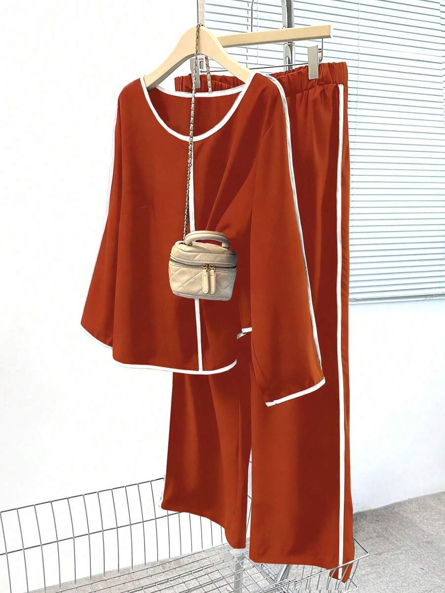 EMERY ROSE Plus Size Women 2 Pieces Set, Contrast Color Round Neck Long Sleeve Top And Pants, Casual Daily Wear - Orange - View 1