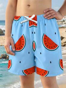 SHEIN Tween Boy Vacation Casual Collegiate Comfortable Fashion Minimalist Versatile Soft Elastic Waist Striped Plaid Shorts, Suitable For Beach, Swimwear, Suitable For Autumn, Spring, Summer, Suitable For Daily, Outdoor Play, School, Street Style, Party And Leisure - Blue - View 4