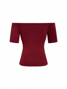 EMERY ROSE New Off-Shoulder Short Sleeve Pearl Twist Fitted Casual Commuter Women Knit T-Shirt - Red - View 2