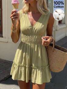 Serisse Women's Shirred Sleeveless Pleated Casual Mini Dress For Summer,V-Neck Tie-Back Dress Made Of Natural Pure Cotton,Pleated Elastic Waistband Design,Fresh And Elegant French Women's Clothing For Summer,Ruffled Hem Dress, Summer Casual Dress, Women Vacation Dress, Green Dresses For Women,Khaki Dress, Olive Dress, French Style Dress, French Style Dress, Spain Vacation Outfits, Greece Vacation Outfit,Summer Dresses For Women,Elegant Dresses For Party,Beach Outfits, Beach Vacation Outfits For Women,Holiday Outfits For Women,Summer Outfit For Women,Summer Clothes, Backless Summer Dress, Sun Dresses For Vacation Tie Back Dress - Green - View 2