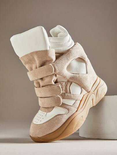 Solezae Fashionable Women's Chic Maranto Faux Suede Taupe High-Top Hook And Loop Strap Quilted Padded Collar Concealed Comfort Wedge Women's Sneaker Shoe