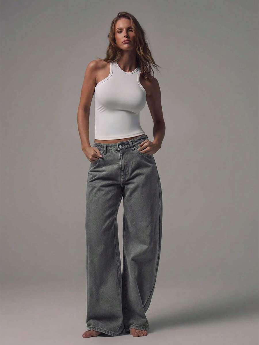 MUSERA 中腰宽松版型黑色水洗银色纽扣牛仔裤,中腰休闲,适合秋季、冬季、夜间外出、返校、办公室、工作、约会等场合,是春夏必备的经典牛仔单品。 - 灰色 - 查看 1