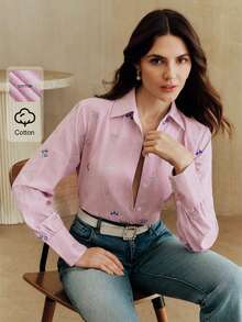 Anewsta Elegant Embroidered Design Pink Striped Casual Blouse For Women, Versatile Floral Work, Suitable For Spring To Summer - Pink - View 2