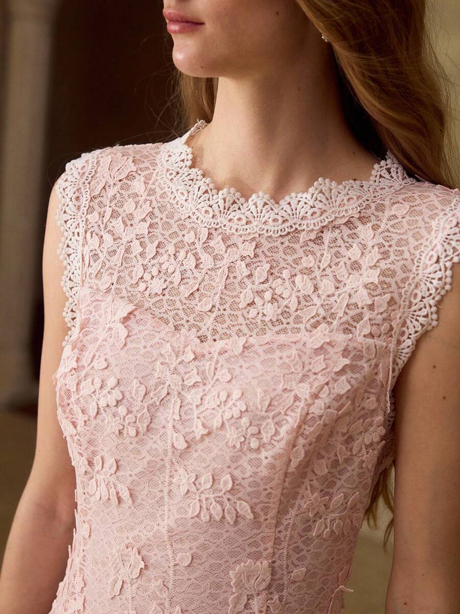 MOTF PREMIUM SUMMER DESIGN MESH PATCHWORK SLEEVELESS CONTRAST GUIPURE LACE ELEGANT ELEGANT PLEATED DRESS FOR WOMEN - Pink - View 1