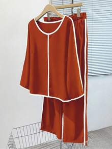 EMERY ROSE Plus Size Women 2 Pieces Set, Contrast Color Round Neck Long Sleeve Top And Pants, Casual Daily Wear - Orange - View 3