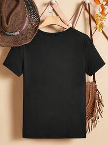 EMERY ROSE Camiseta casual de talla grande con estampado de letras de estrellas y rayas estilo retro estadounidense - Negro - Ver 2
