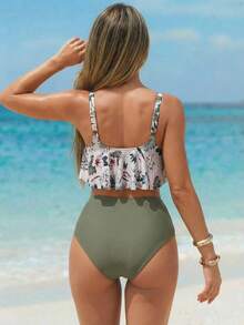 Swim Lushoire 女士印花吊带背心上衣和纯色褶皱三角吊带泳裤套装 - 綠色 - 查看 2