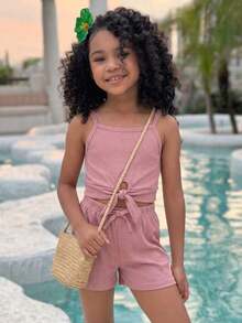SHEIN 2pcs/Set Young Girl Light Pink Ribbed Knit Camisole And Shorts Set,Summer Matching Holiday Family Vacation Resort Wear Tweens Two Piece Outfits,Cute - Pink - View 4