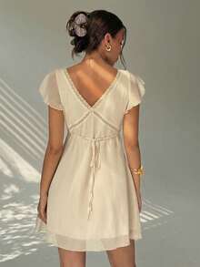 Aloruh Elegant Sexy Charming Ruffle Sleeve A-Line Deep V-Neck Backless Mini Dress For Women,Summer Dresses For Women - Beige - View 2