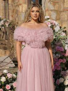 Glamrae 大码优雅浪漫奢华粉色露肩3D立体花卉袖修身蓬松长裙，适合晚宴、单身派对、约会、舞会、度假、婚礼等场合。 - 藕粉色 - 查看 4