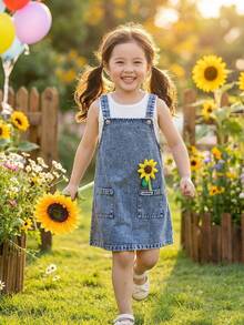 Elladie kids Young Girls' Denim-Effect 2-Piece Set, Ribbed Tank Top And Adjustable Denim Pinafore Dress With Sunflower Decor, Summer, Matching, Family Vacation - Blue - View 6