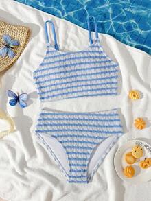少女条纹比基尼套装，休闲两件式泳衣，三角泳裤设计，适合度假、海滩、夏季穿着。 - 藍色 - 查看 5