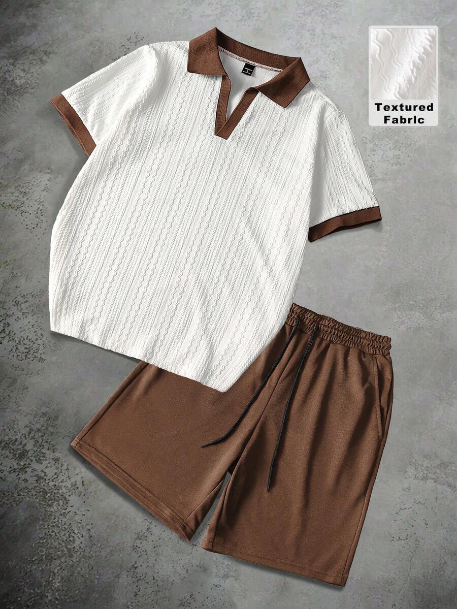 Manfinity Homme 男士撞色V领短袖T恤套装（2件装）搭配抽绳松紧腰短裤，休闲百搭，适合度假、日常办公、约会、聚餐等场合，简约风格，经典山本耀司设计，自穿或送礼皆宜，必备单品 - 彩色 - 查看 1