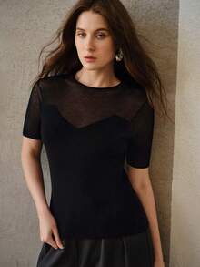 MOTF PREMIUM 女士短袖修身半透明针织上衣 - 黑色 - 查看 4