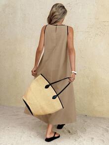Vestido largo de cuello redondo casual para mujer, adecuado para uso diario y citas - Caqui - Ver 6