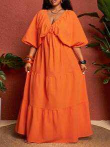 SHEIN CURVE+ Curve 尺码 US22 音乐节、海滨度假、波西米亚风 V 领连衣裙，适合夏季假期，橙色波西米亚风度假 - 橘色 - 查看 4
