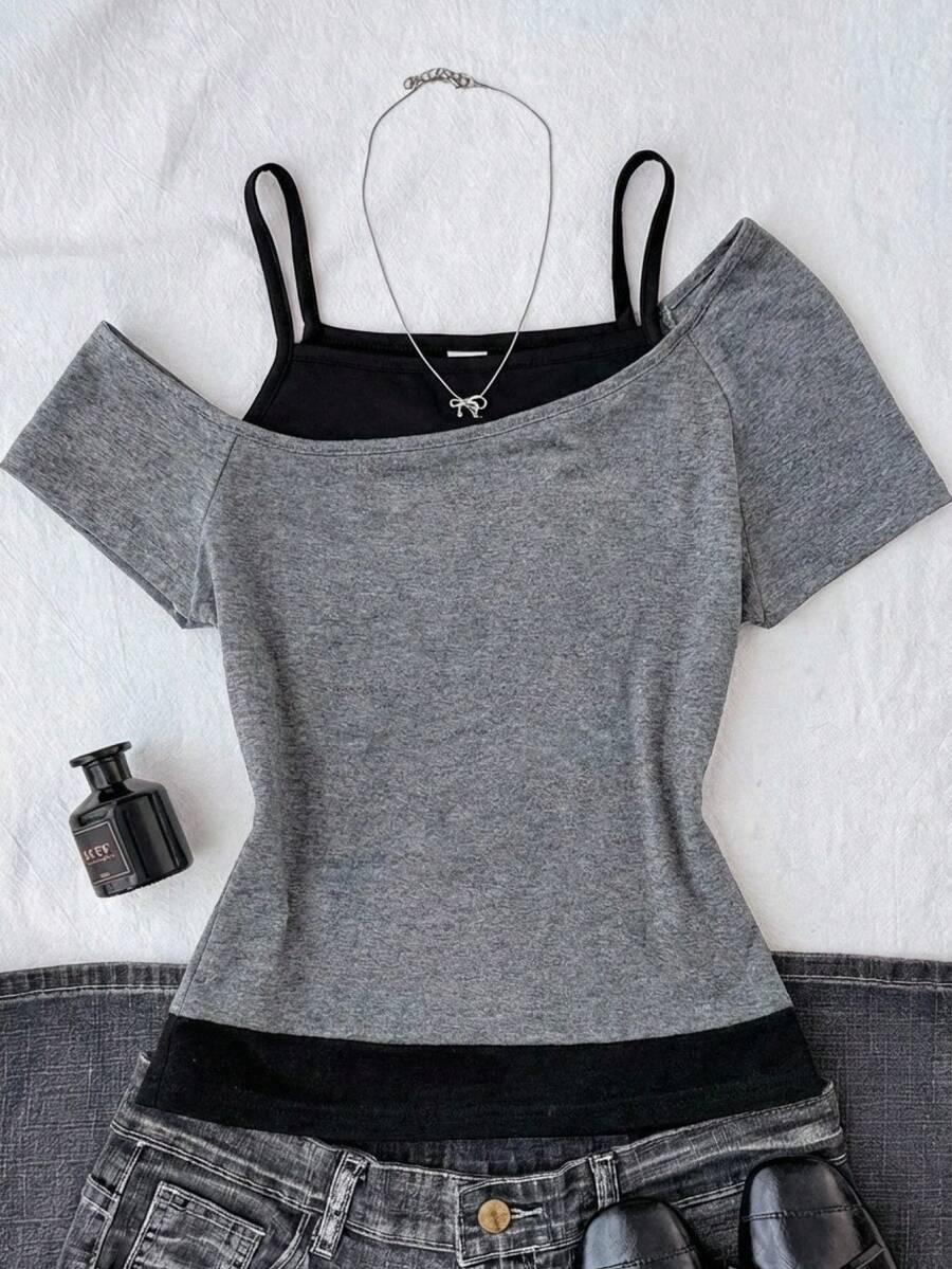SHEIN Kinder Sommer Y2K Kontrast Farbe Träger Off-Shoulder Casual T-Shirt für Teenager Mädchen, geeignet für Sommer, Urlaub, Lässig, Zuhause, BM Stil anliegendes Gym Top Damen Tops für Sommer Teenager Mädchen Kleidung Tops Off-Shoulder Gym Top - Verschiedenfarbig - Übersicht 1