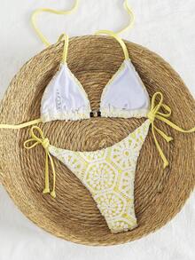 Swim Vcay 新款奢华优雅两件套白色钩编蕾丝和焦糖/棕色三角比基尼，女士款，挂脖式泳衣上装饰有木珠，性感高衩丁字裤泳装，适合夏季海滩泳池度假，复古Y2K辣妹风泳装，音乐节、热带海岸早午餐、海岛度假及摩登风情。 - 黃色 - 查看 2