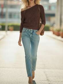 Balvessa New Arrival Women's Casual Hollow-Out Pattern Crew Neck Raglan Sleeve Ribbed Cuff Pullover Sweater, Suitable For All Seasons - Coffee Brown - View 6