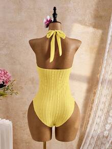 Bellisia 2026春夏女士沙滩连衣裙，连体式，优雅浪漫甜美花卉纹理面料，波西米亚风精致贝壳链装饰，可拆卸胸垫，蝴蝶结肩带，挂脖式连体泳衣，多种颜色可选，浅粉色，甜美可爱，清新优雅，浪漫度假，2026春夏新款，新年，情人节，返校季，旅行季，适合度假、海滩、下午茶野餐、派对、日常穿着、休闲、户外运动，时尚百搭 - 淡黃色 - 查看 2