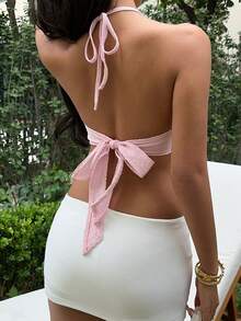 Sunnyshic Dây chuyền choker tua rua phối màu hồng dành cho nữ, thiết kế hở lưng, kiểu áo hai dây gợi cảm, ngọt ngào và lãng mạn cho kỳ nghỉ biển. - Hồng - Xem 2