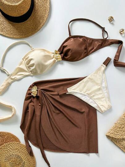 Swim Vcay Multi-Color Fabric, Metal Decor Design On Chest, Paired With Skirt, Elegant Women's Vacation Swimsuit Set