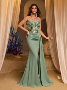 Glamrae Đầm cúp ngực sang trọng, thanh lịch màu xanh lá cây thêu sequin, chân váy đuôi cá co giãn dệt kim đính cườm thủ công với đường viền xếp nếp, thích hợp cho các bữa tiệc, dạ hội và các dịp trang trọng. - Cỏ xanh - Xem 7