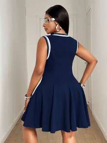 Maweii Plus Size Women Striped V-Neck Casual Sleeveless Dress - Navy Blue - View 3