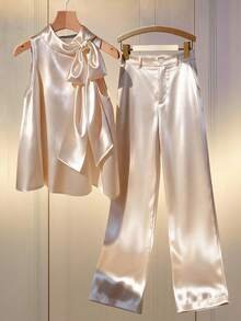 GlowEve 2件套优雅纯色吊带背心和裤子套装，夏季 - 杏色 - 查看 3