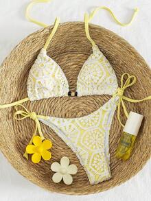 Swim Vcay 新款奢华优雅两件套白色钩编蕾丝和焦糖/棕色三角比基尼，女士款，挂脖式泳衣上装饰有木珠，性感高衩丁字裤泳装，适合夏季海滩泳池度假，复古Y2K辣妹风泳装，音乐节、热带海岸早午餐、海岛度假及摩登风情。 - 黃色 - 查看 3