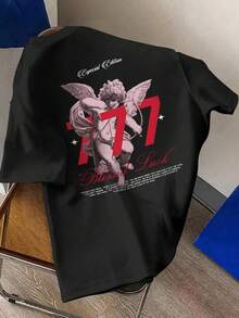 Manfinity Dauomo Vintage American Angel 777 热转印 T 恤，男士“幸运”加大码短袖上衣，街头风 Angel 图案百搭加大码衬衫 - 黑色 - 查看 3